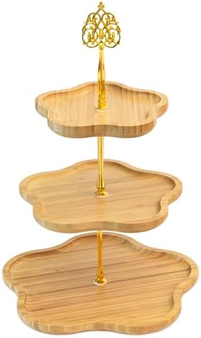 3 Tier Wood Serving Tray Cupcake Stand with Gold Hardware, Tiered Cake Dessert Stand for Wedding Table Party