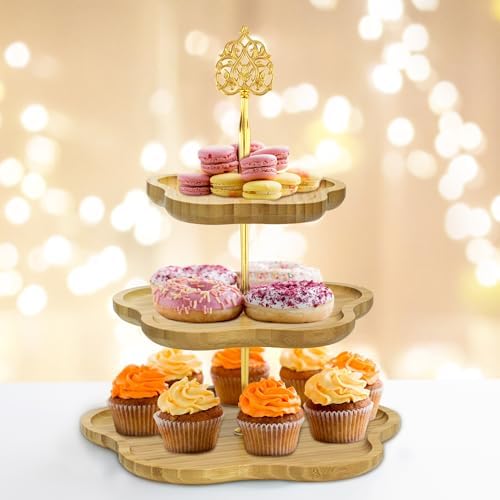3 Tier Wood Serving Tray Cupcake Stand with Gold Hardware, Tiered Cake Dessert Stand for Wedding Table Party, alternate view