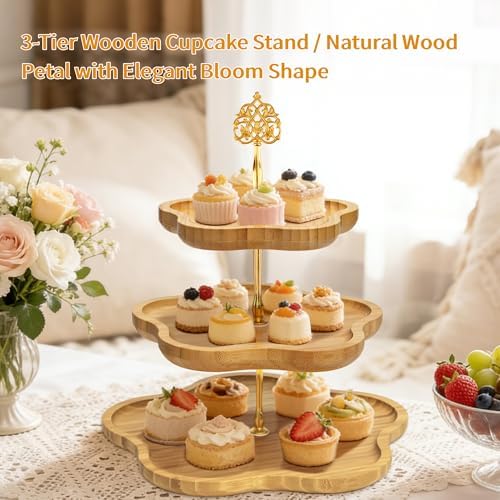 3 Tier Wood Serving Tray Cupcake Stand with Gold Hardware, Tiered Cake Dessert Stand for Wedding Table Party, alternate view