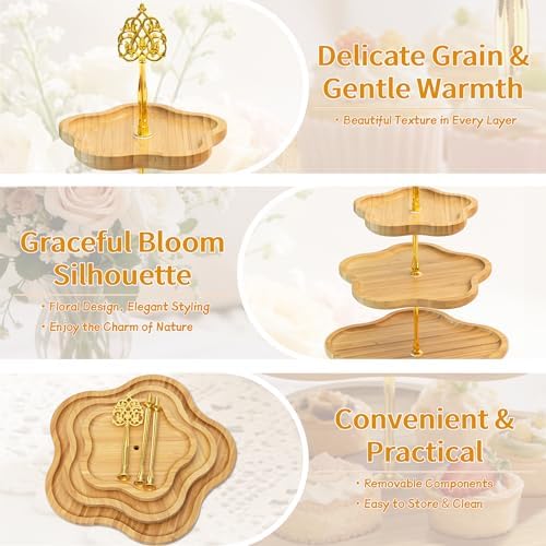 3 Tier Wood Serving Tray Cupcake Stand with Gold Hardware, Tiered Cake Dessert Stand for Wedding Table Party, alternate view