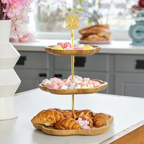 3 Tier Wood Serving Tray Cupcake Stand with Gold Hardware, Tiered Cake Dessert Stand for Wedding Table Party, alternate view