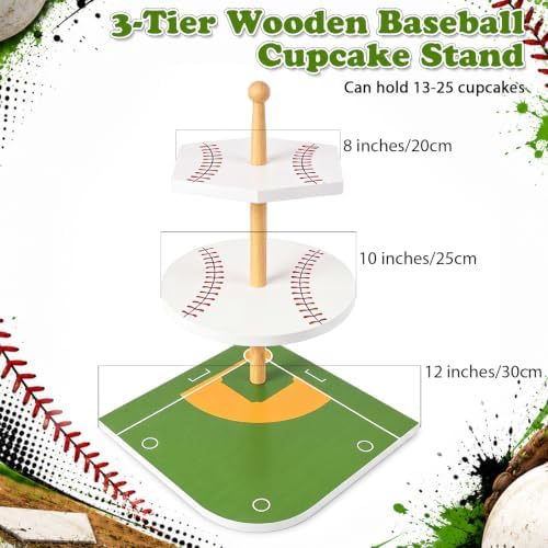 3-Tier Wooden Baseball Cupcake Stand 12 Inch, World Baseball Party Decorations, Sport Dessert Cake Table, alternate view 3