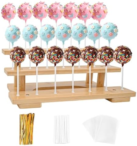 3-Tier Wooden Cake Pop Stand with 21 Holes, 100pcs Cakepop Bags Sticks Ties in Wooden