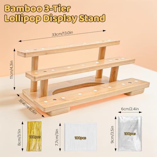 3-Tier Wooden Cake Pop Stand with 21 Holes, 100pcs Cakepop Bags Sticks Ties in Wooden, alternate view 3