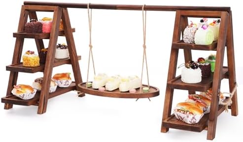 3-Tier Wooden Cupcake & Dessert Display Stand with Swing Frame - Rustic Torch-Finished Pine, Extra Wide 5.1"