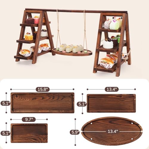 3-Tier Wooden Cupcake & Dessert Display Stand with Swing Frame - Rustic Torch-Finished Pine, Extra Wide 5.1", alternate view