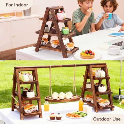 3-Tier Wooden Cupcake & Dessert Display Stand with Swing Frame - Rustic Torch-Finished Pine, Extra Wide 5.1", alternate view
