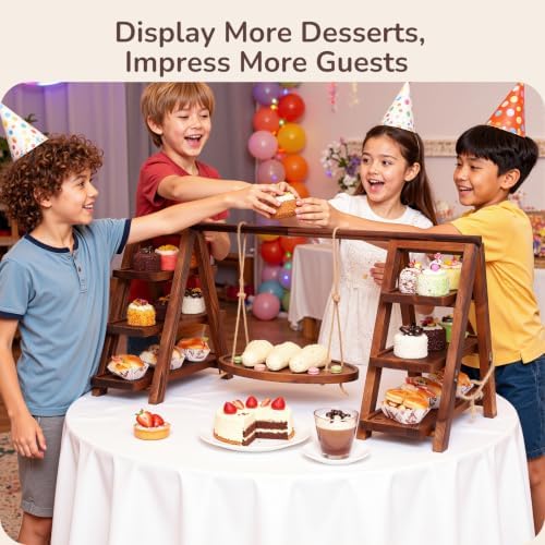 3-Tier Wooden Cupcake & Dessert Display Stand with Swing Frame - Rustic Torch-Finished Pine, Extra Wide 5.1", alternate view