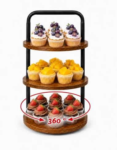 3 Tier Wooden Cupcake Stand, 360° Rotating Dessert Stand in Rustic Brown-1pack