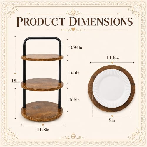 3 Tier Wooden Cupcake Stand, 360° Rotating Dessert Stand in Rustic Brown-1pack, alternate view 2