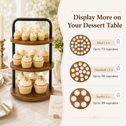 3 Tier Wooden Cupcake Stand, 360° Rotating Dessert Stand in Rustic Brown-1pack, alternate view 3