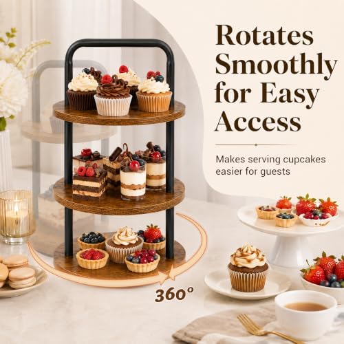 3 Tier Wooden Cupcake Stand, 360° Rotating Dessert Stand in Rustic Brown-1pack, alternate view 4