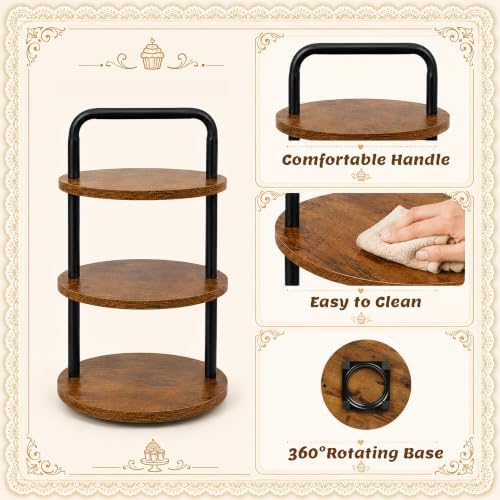 3 Tier Wooden Cupcake Stand, 360° Rotating Dessert Stand in Rustic Brown-1pack, alternate view 5