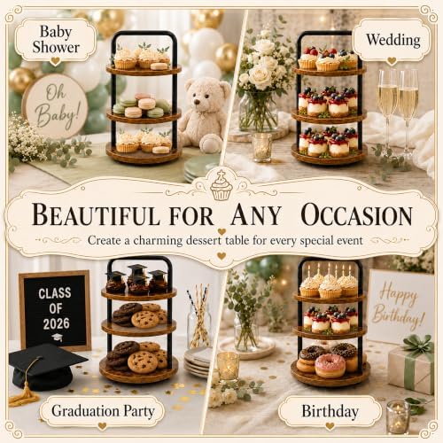 3 Tier Wooden Cupcake Stand, 360° Rotating Dessert Stand in Rustic Brown-1pack, alternate view 6