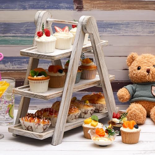 3 Tier Wooden Cupcake Stand Ladder Party Dessert Serving Tray in white, alternate view 2