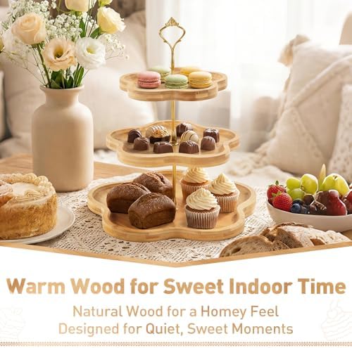 3-Tier Wooden Cupcake Stand, Three Tiered Serving Stand, Tiered Tray in Rustic Wood, alternate view 2