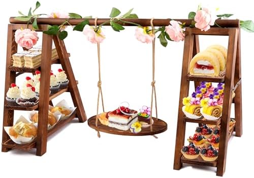 3 Tier Wooden Cupcake Stand with Swing and Flower Decoration in Dark Brown