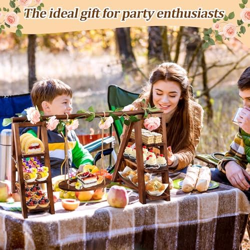 3 Tier Wooden Cupcake Stand with Swing and Flower Decoration in Dark Brown, alternate view 2