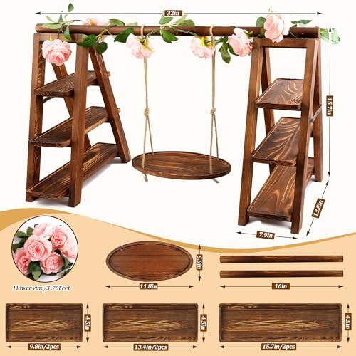 3 Tier Wooden Cupcake Stand with Swing and Flower Decoration in Dark Brown, alternate view 3