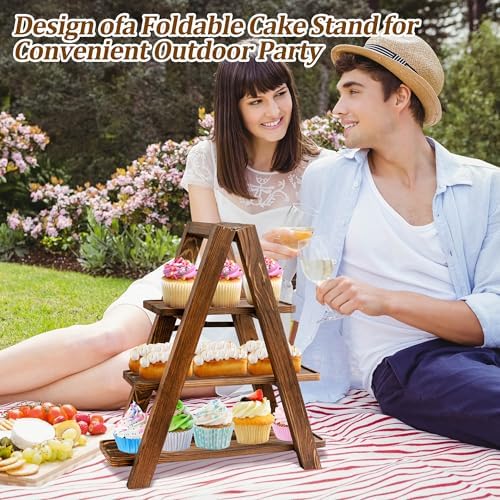 3 Tier Wooden Cupcake Stand with Swing and Flower Decoration in Dark Brown, alternate view 5