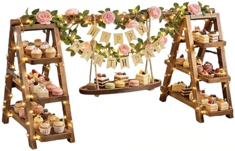 3 Tier Wooden Cupcake Stand with Swing and Flower Decoration, Dark Brown Natural Wood Dessert Swing Display