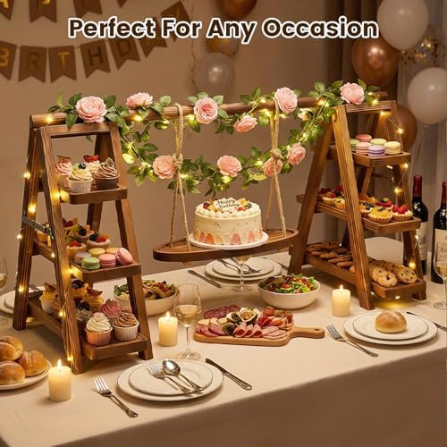 3 Tier Wooden Cupcake Stand with Swing and Flower Decoration, Dark Brown Natural Wood Dessert Swing Display, alternate view 2