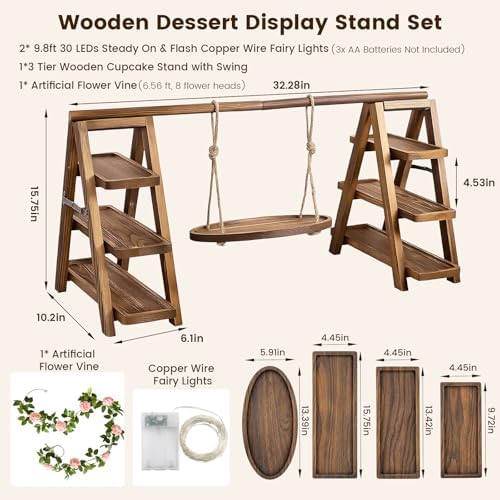 3 Tier Wooden Cupcake Stand with Swing and Flower Decoration, Dark Brown Natural Wood Dessert Swing Display, alternate view 3