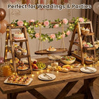 3 Tier Wooden Cupcake Stand with Swing and Flower Decoration, Dark Brown Natural Wood Dessert Swing Display, alternate view 4