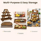 3 Tier Wooden Cupcake Stand with Swing and Flower Decoration, Dark Brown Natural Wood Dessert Swing Display, alternate view 5