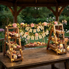 3 Tier Wooden Cupcake Stand with Swing and Flower Decoration, Dark Brown Natural Wood Dessert Swing Display, alternate view 6