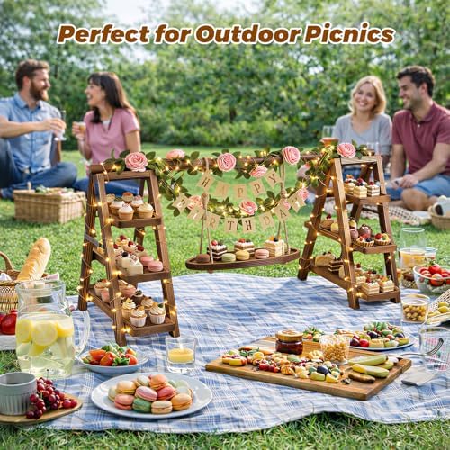 3 Tier Wooden Cupcake Stand with Swing and Flower Decoration, Dark Brown Natural Wood Dessert Swing Display, alternate view 7