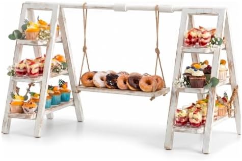 3 Tier Wooden Cupcake Stand with Swing and Serving Tray, White in Rustic White