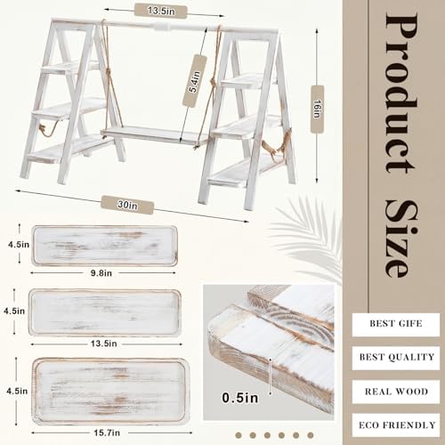 3 Tier Wooden Cupcake Stand with Swing and Serving Tray, White in Rustic White, alternate view 3