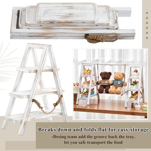3 Tier Wooden Cupcake Stand with Swing and Serving Tray, White in Rustic White, alternate view 4