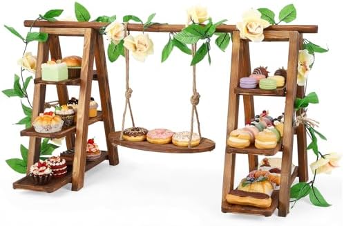 3 Tier Wooden Cupcake Stand with Swing & Flower Decor for Cake Fruit Snack in 1 swing
