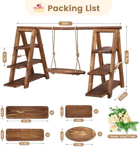 3 Tier Wooden Cupcake Stand with Swing & Flower Decor for Cake Fruit Snack in 1 swing, alternate view 2