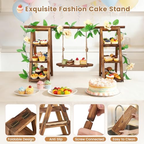 3 Tier Wooden Cupcake Stand with Swing & Flower Decor for Cake Fruit Snack in 1 swing, alternate view 4