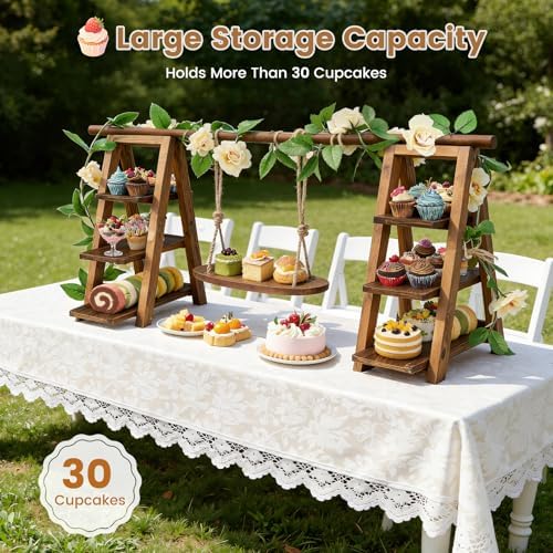3 Tier Wooden Cupcake Stand with Swing & Flower Decor for Cake Fruit Snack in 1 swing, alternate view 5
