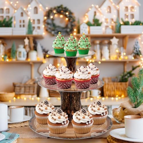 3-Tier Wooden Round Cupcake Stand, Rustic Cardboard Cupcake Tower Stand, Dessert Stand Tower for Baby Shower, alternate view
