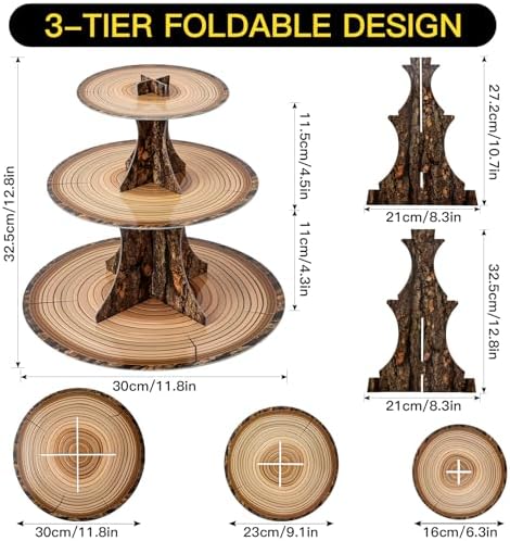 3-Tier Wooden Round Cupcake Stand, Rustic Cardboard Cupcake Tower Stand, Dessert Stand Tower for Baby Shower, alternate view
