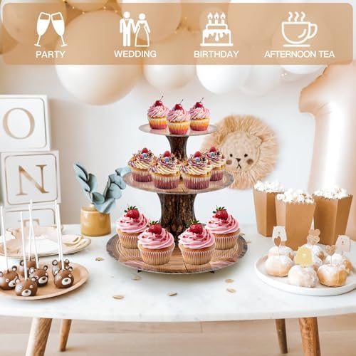 3-Tier Wooden Round Cupcake Stand, Rustic Cardboard Cupcake Tower Stand, Dessert Stand Tower for Baby Shower, alternate view