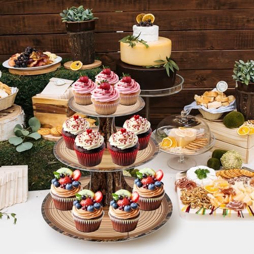 3-Tier Wooden Round Cupcake Stand, Rustic Cardboard Cupcake Tower Stand, Dessert Stand Tower for Baby Shower, alternate view
