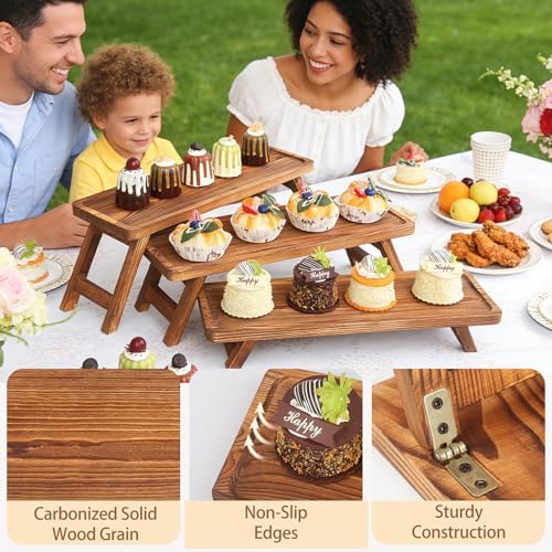3 Tier Wooden Serving Tray Stand, Foldable Tiered Dessert Display Set for Party, Wedding, Birthday, Christmas, alternate view