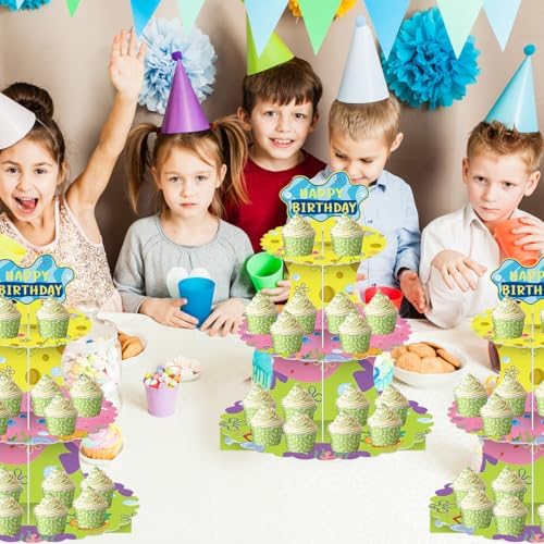 3 Tier Yellow Cake Stand, Yellow Cupcake Stand Dessert Birthday Party Supplies in Yellow With Multicolor, alternate view 3
