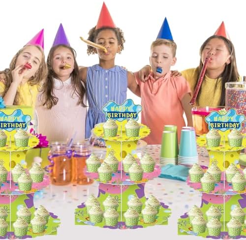 3 Tier Yellow Cake Stand, Yellow Cupcake Stand Dessert Birthday Party Supplies in Yellow With Multicolor, alternate view 4