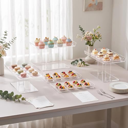 3 Tiered Acrylic Cupcake Stands, Clear Dessert Table Display Set 5 Scalloped Rectangle 12.9”x7.1” Serving Tray, alternate