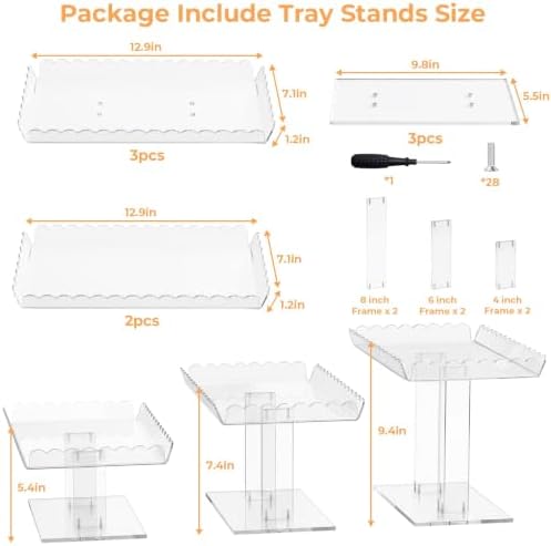3 Tiered Acrylic Cupcake Stands, Clear Dessert Table Display Set 5 Scalloped Rectangle 12.9”x7.1” Serving Tray, alternate