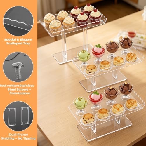 3 Tiered Acrylic Cupcake Stands, Clear Dessert Table Display Set 5 Scalloped Rectangle 12.9”x7.1” Serving Tray, alternate