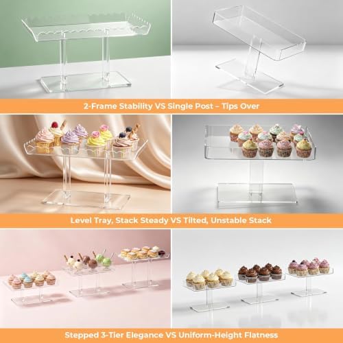 3 Tiered Acrylic Cupcake Stands, Clear Dessert Table Display Set 5 Scalloped Rectangle 12.9”x7.1” Serving Tray, alternate