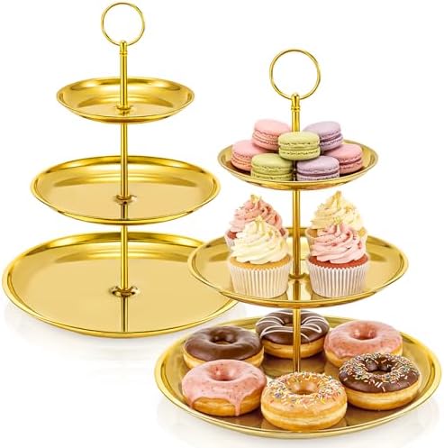 3 Tiered Gold Cupcake Stand, 2 Pack Stainless Steel Dessert Display Tower with Food-Grade Gold Coating, Holds 24